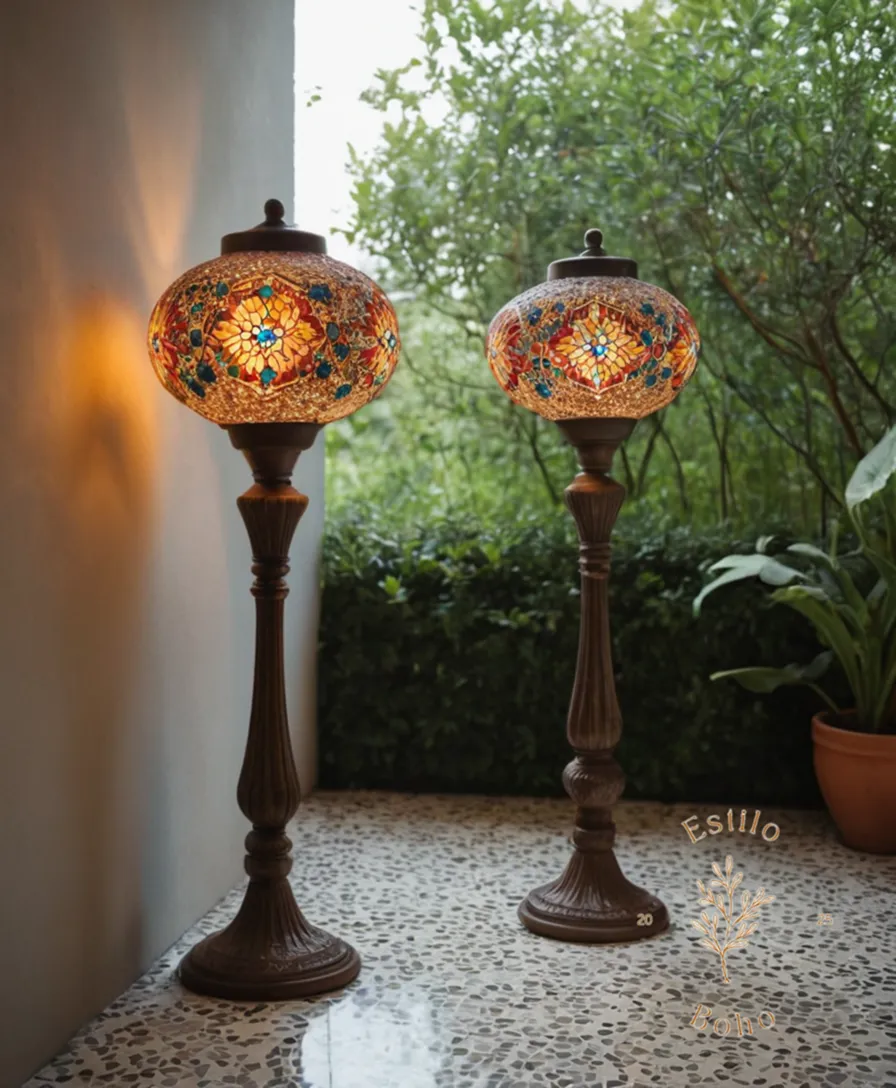 3 bohemian floor lamps on different outdoor terrazzo or patio settings.