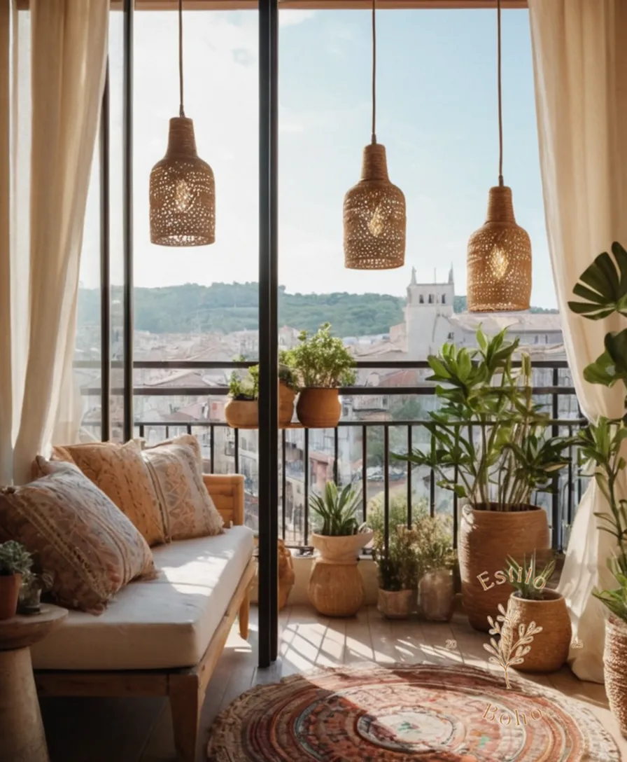 Boho chic-inspired pendant lamps on a charming, outdoor balcony space.