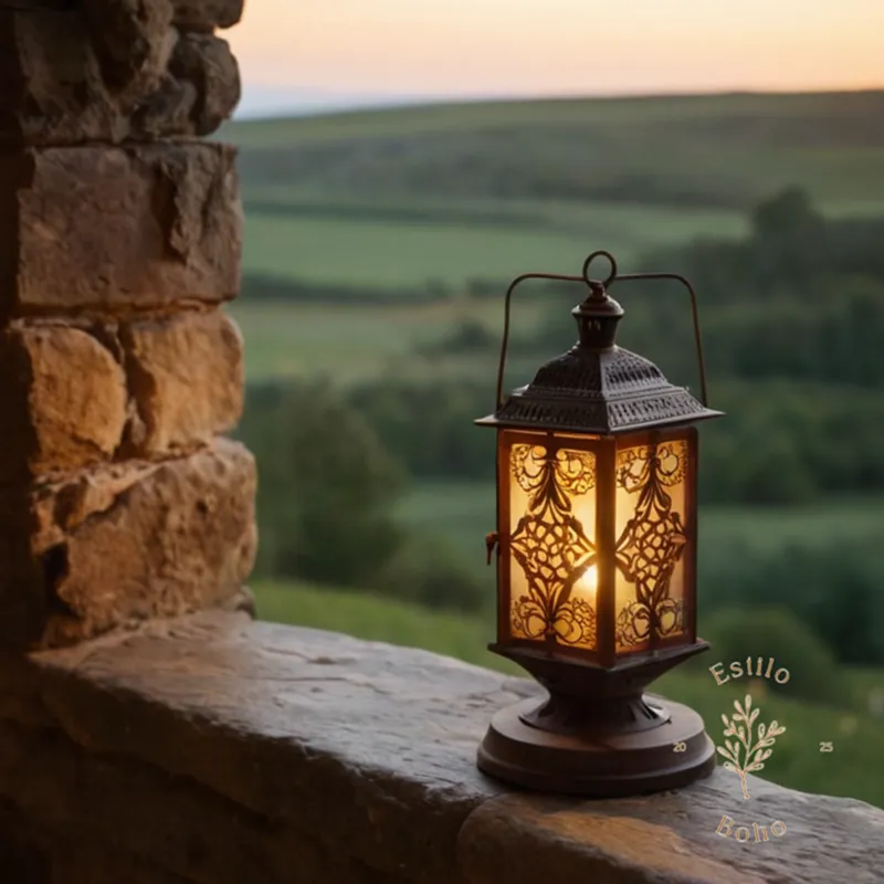 A bohemian outdoor lamp against an exterior natural landscape background.