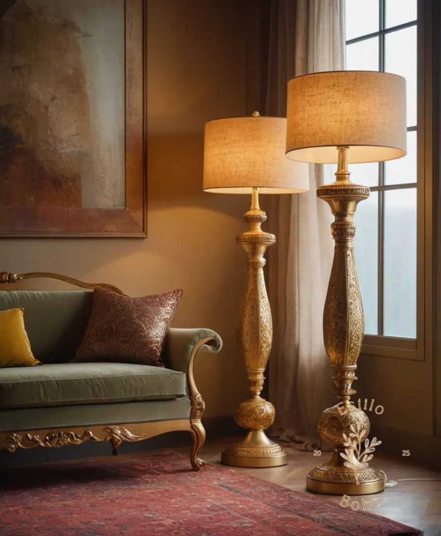 3 bohemian golden floor lamps styled together.