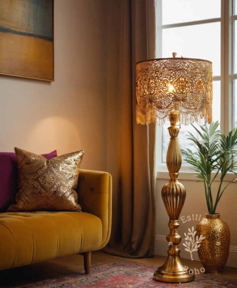 A stylish bohemian gold floor lamp on a cozy background.