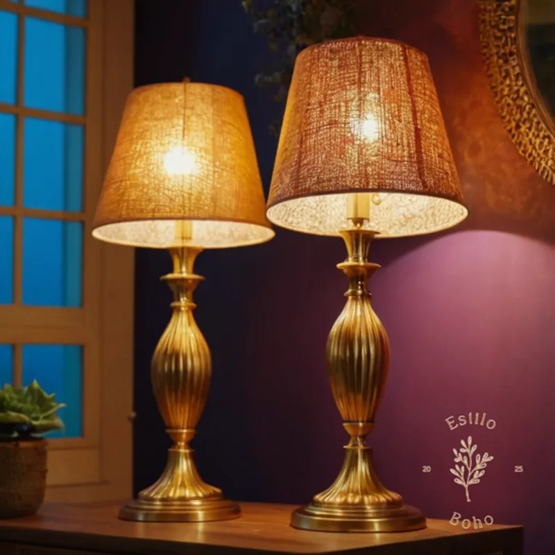3 stylish golden bohemian standing lamps on a colorful background.