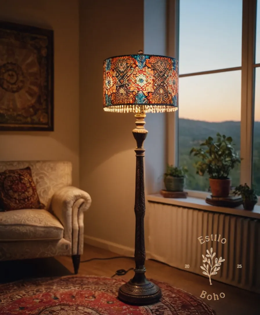 Bohemian floor lamp with patterned shade.