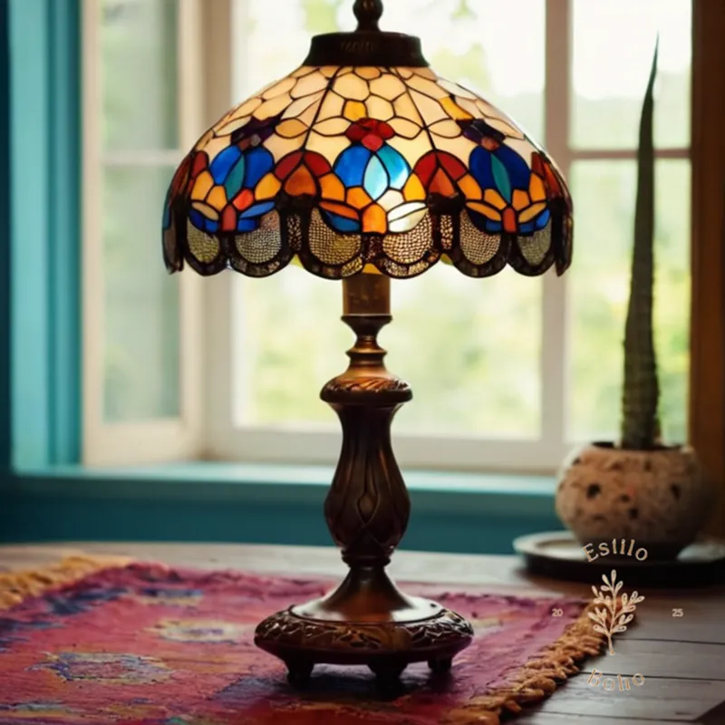 A colorful, stylish lamp on a bohemian-style table or floor.