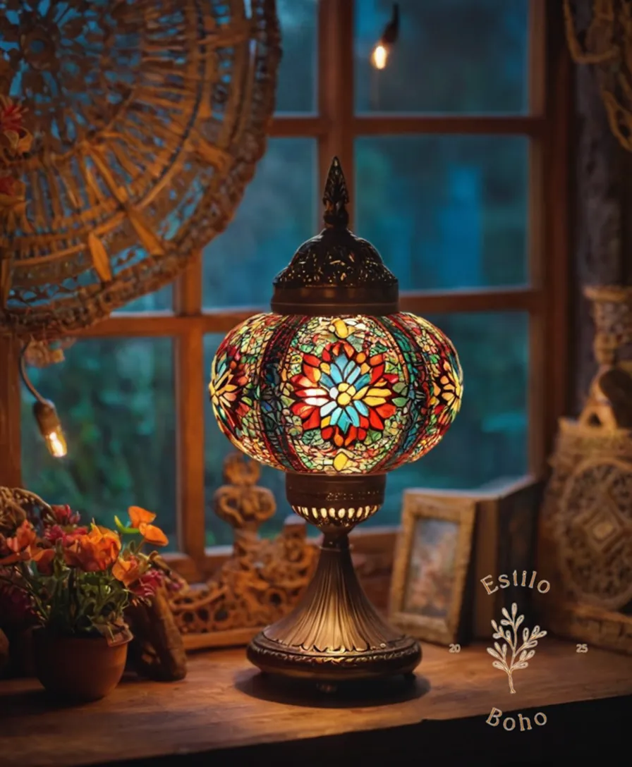 A bohemian-style lamp surrounded by colorful decorative elements.