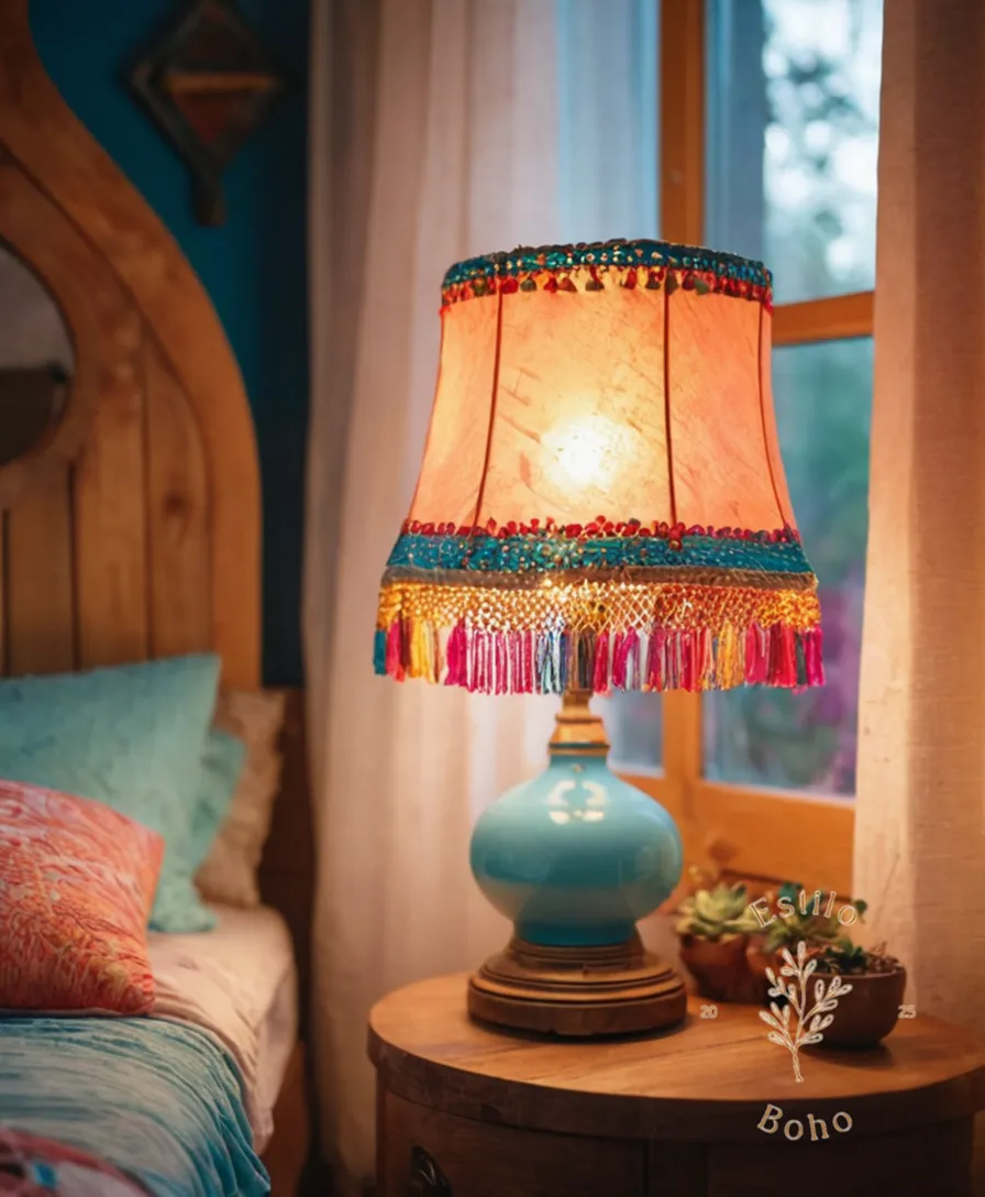 A stylish, colorful bohemian lamp illuminating a child's cozy bedroom.