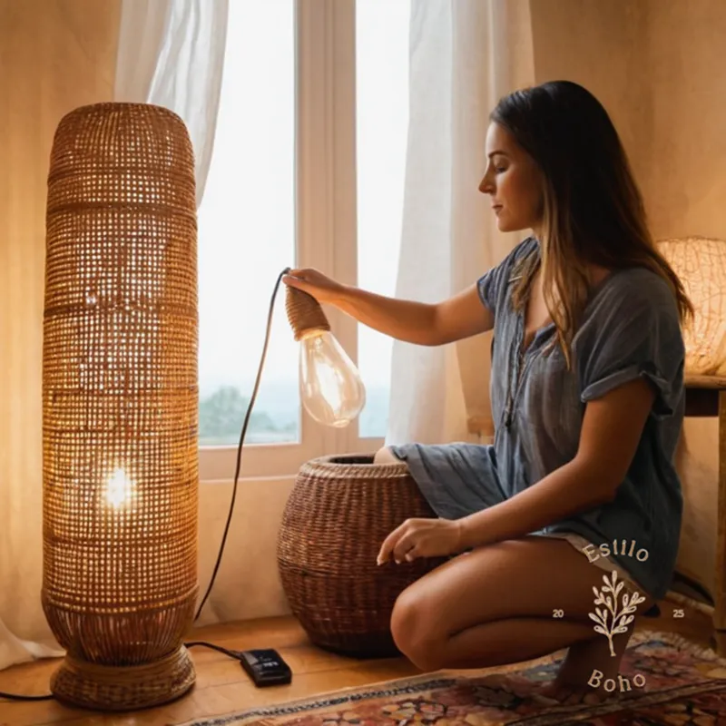 A bohemian style rattan floor lamp being cleaned by hand.