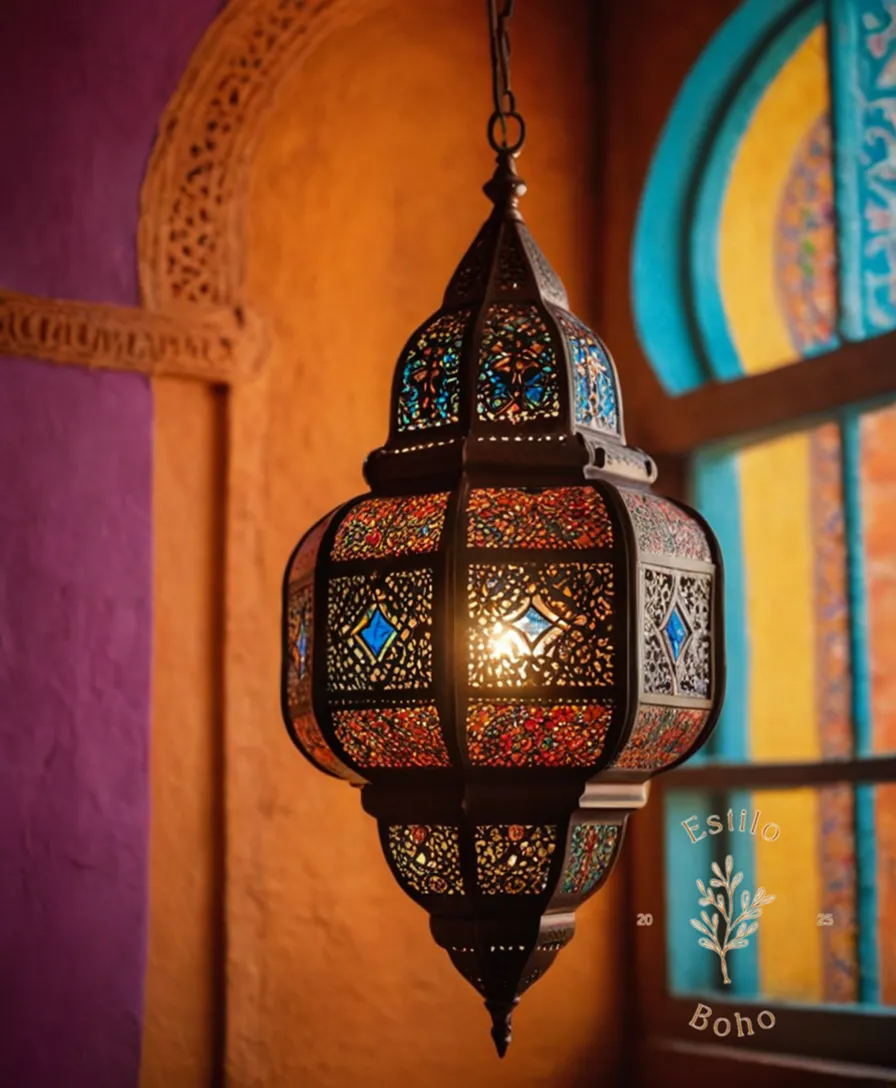 A beautiful Moroccan lamp against a colorful, bohemian background.