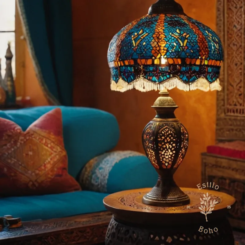 A Moroccan table lamp amidst decorative bohemian living room furnishings.