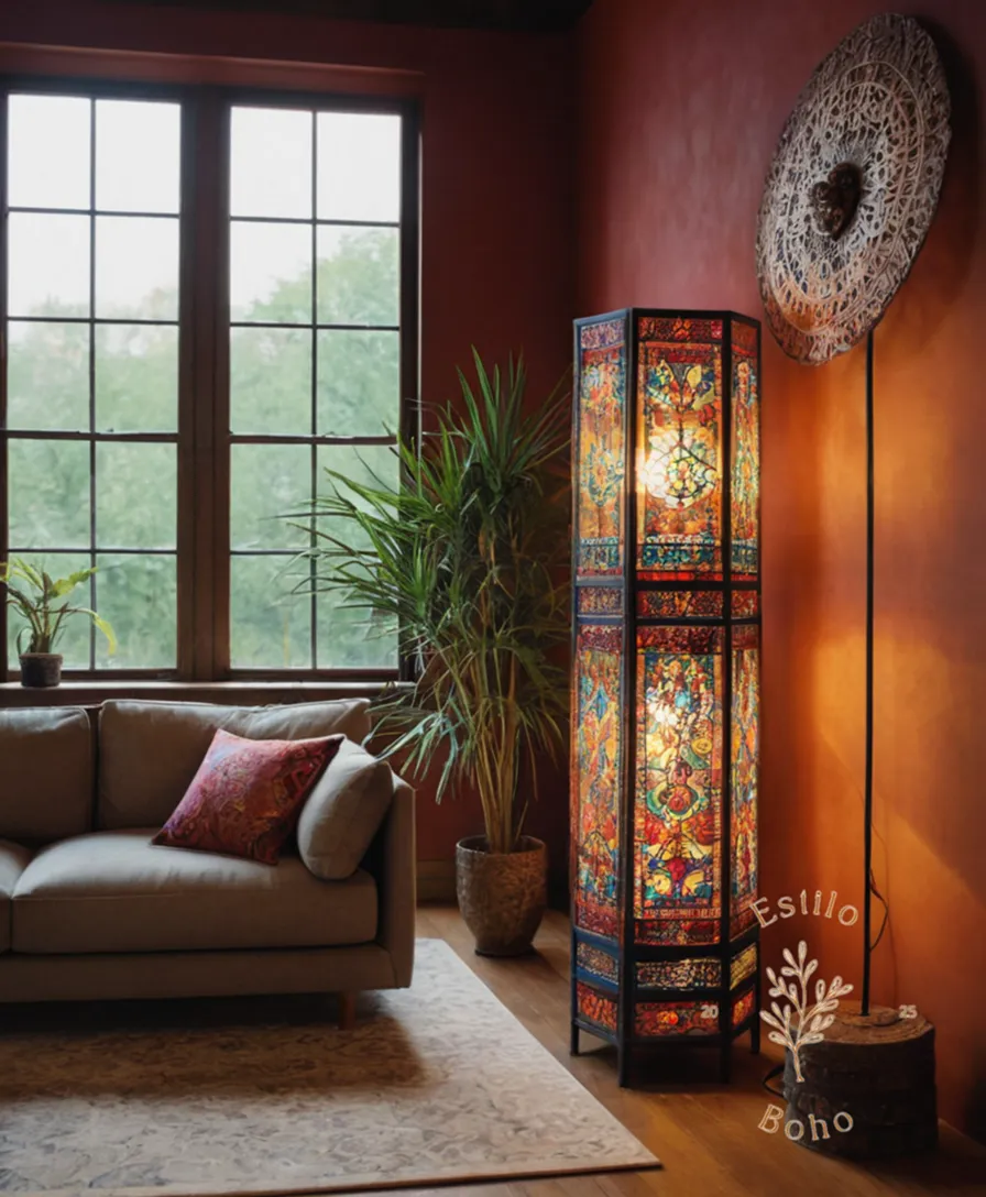 3 eclectic, bohemian-inspired floor lamps in interior design setting.