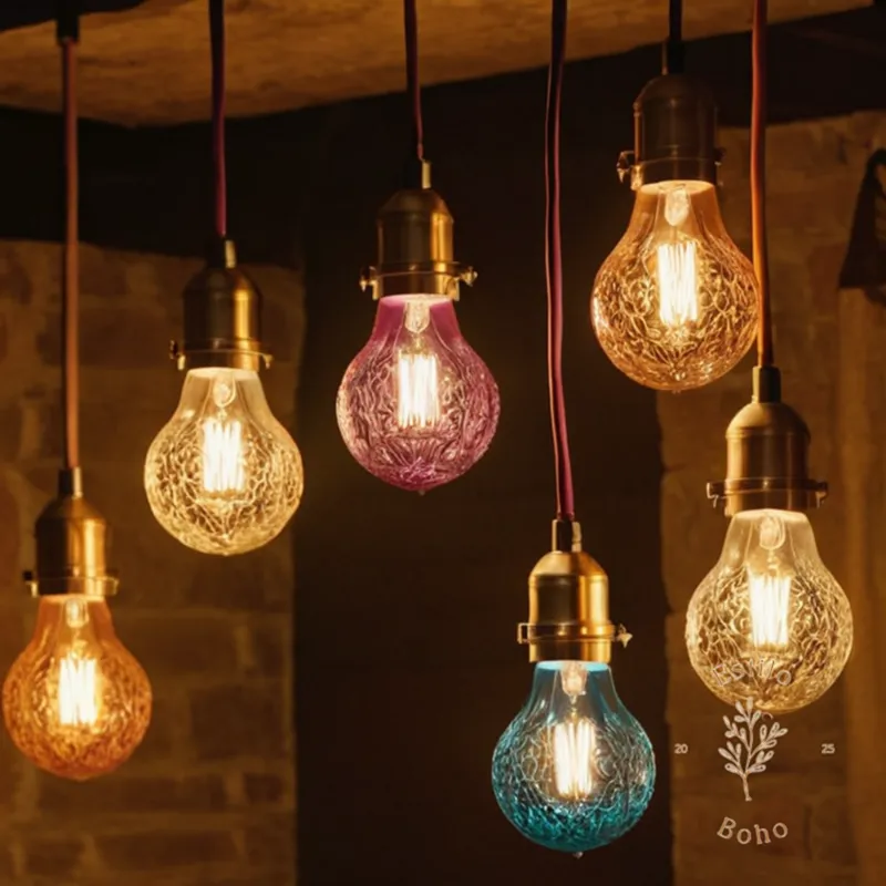 3-4 bohemian lamps with varying light bulbs.