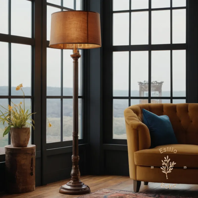 A stylish, industrial-chic floor lamp in a bohemian-inspired setting.