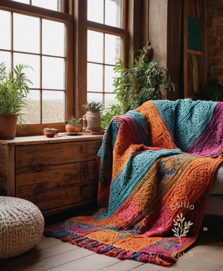 a colorful bohemian throw blanket and storage container arrangement.