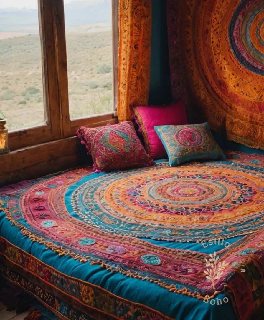 Colorful, hand-embroidered textiles laid out in a bohemian-inspired setting.