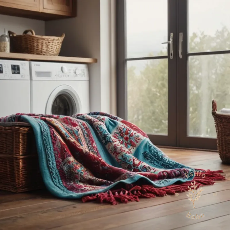 A beautifully illustrated, bohemian blanket next to a washer and detergent.