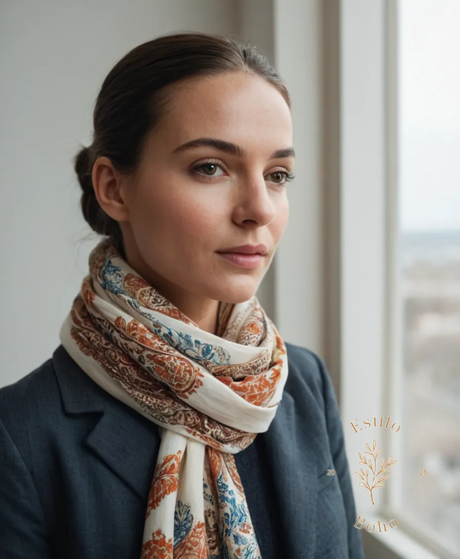 A photo-perfect, elegantly styled organic cotton scarf draped casually.