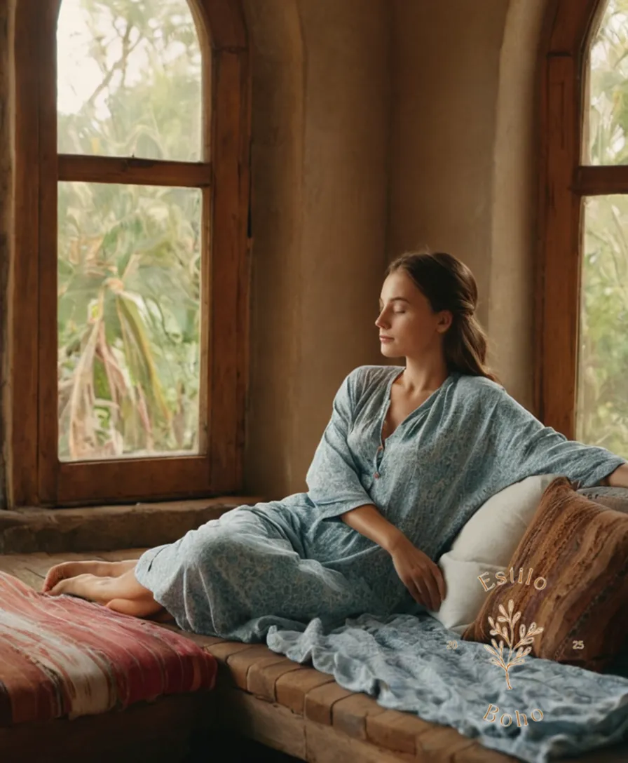A model relaxing in a bohemian setting with ironed organic cotton fabric.