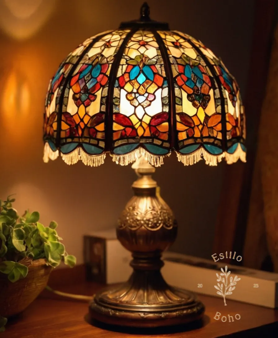 A bohemian lamp with a vibrant, sparkling glow.