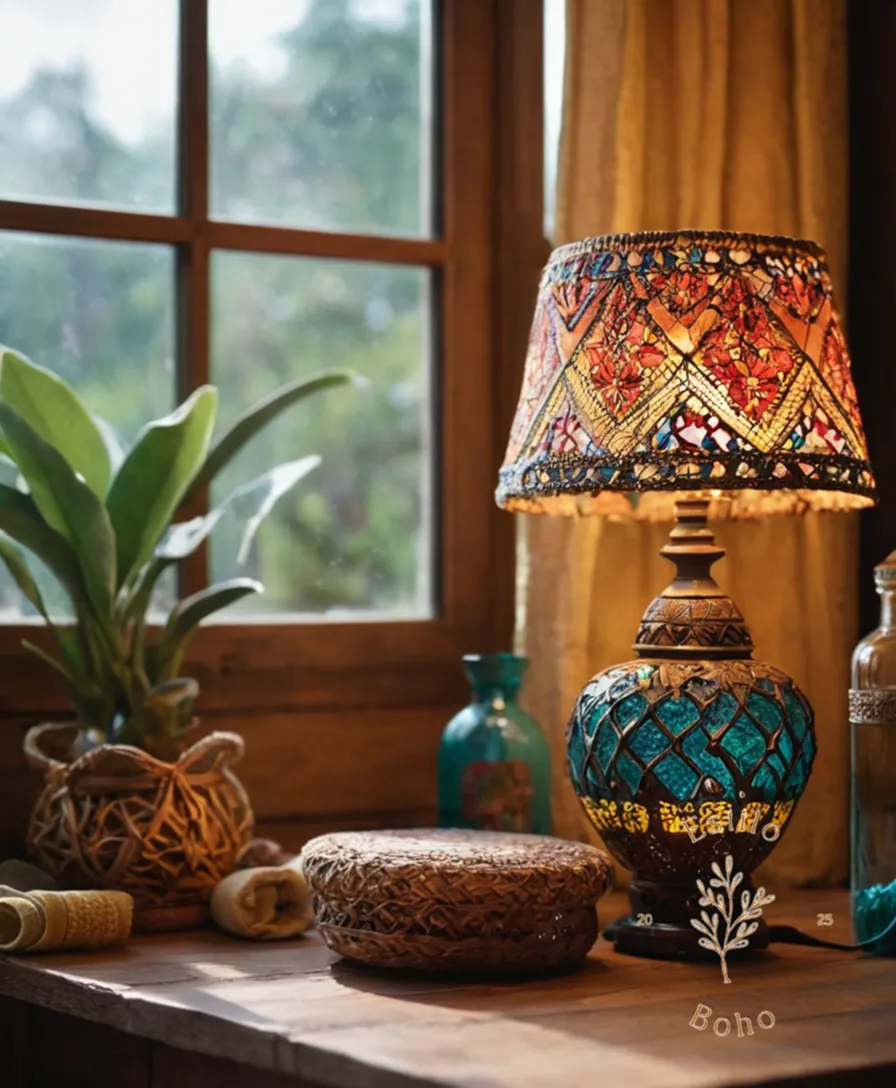 A beautiful bohemian lamp next to cleaning supplies on a table.