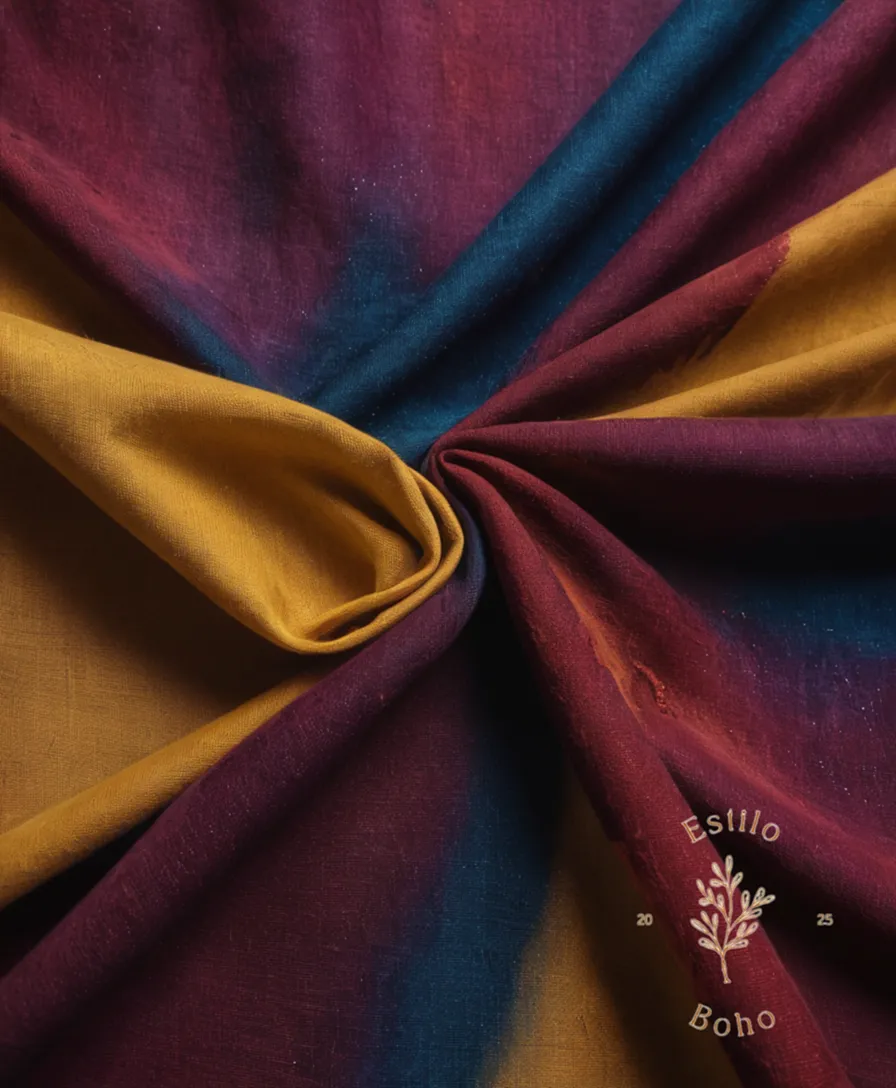 A natural fiber, damaged cotton fabric with various stains.