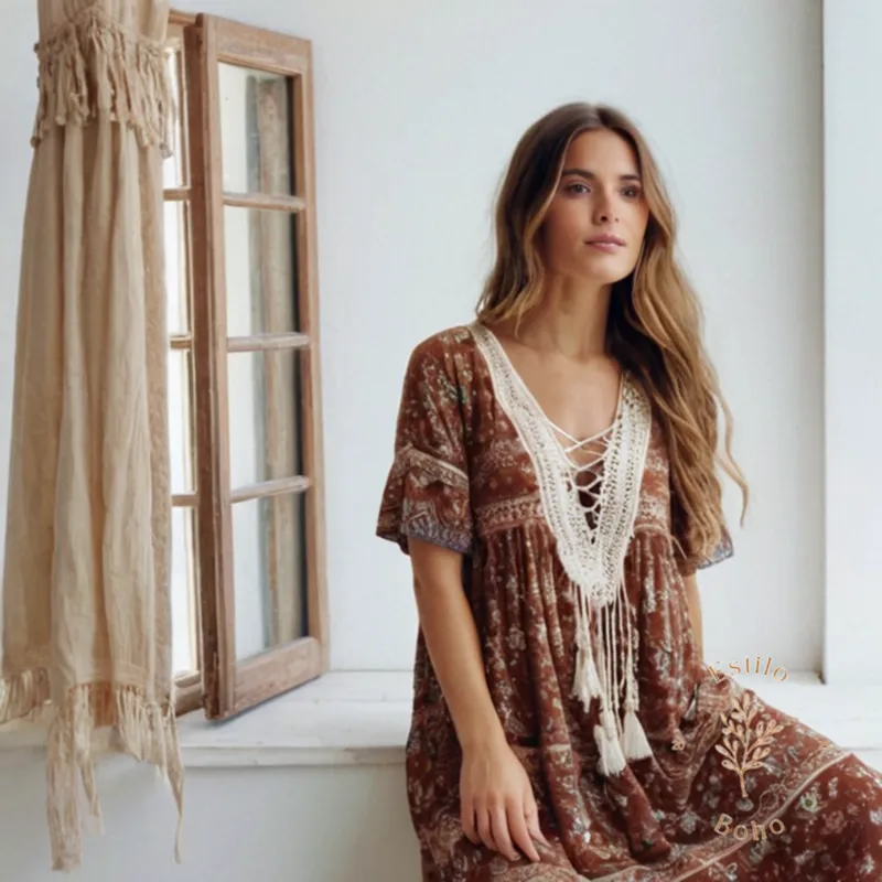 A boho-chic outfit on a white background, slightly worn.
