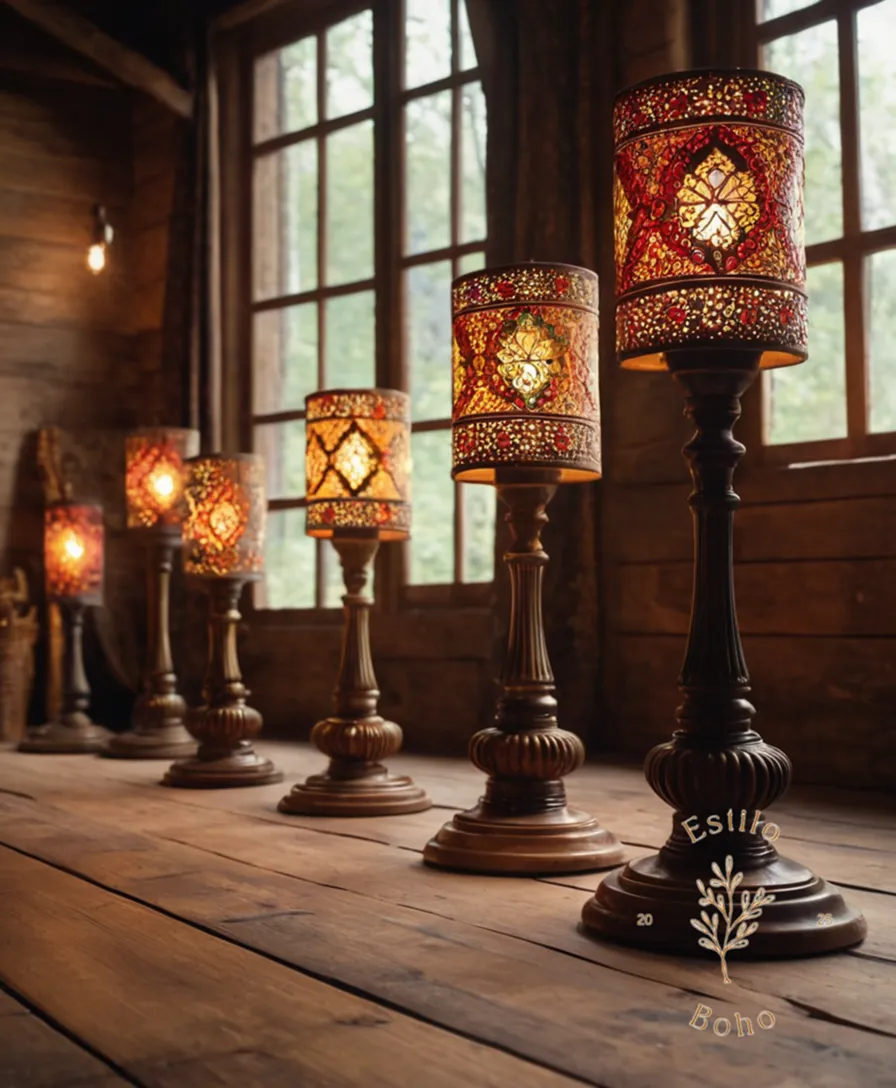 3-4 bohemian-style lamps placed elegantly on a rustic wooden floor.