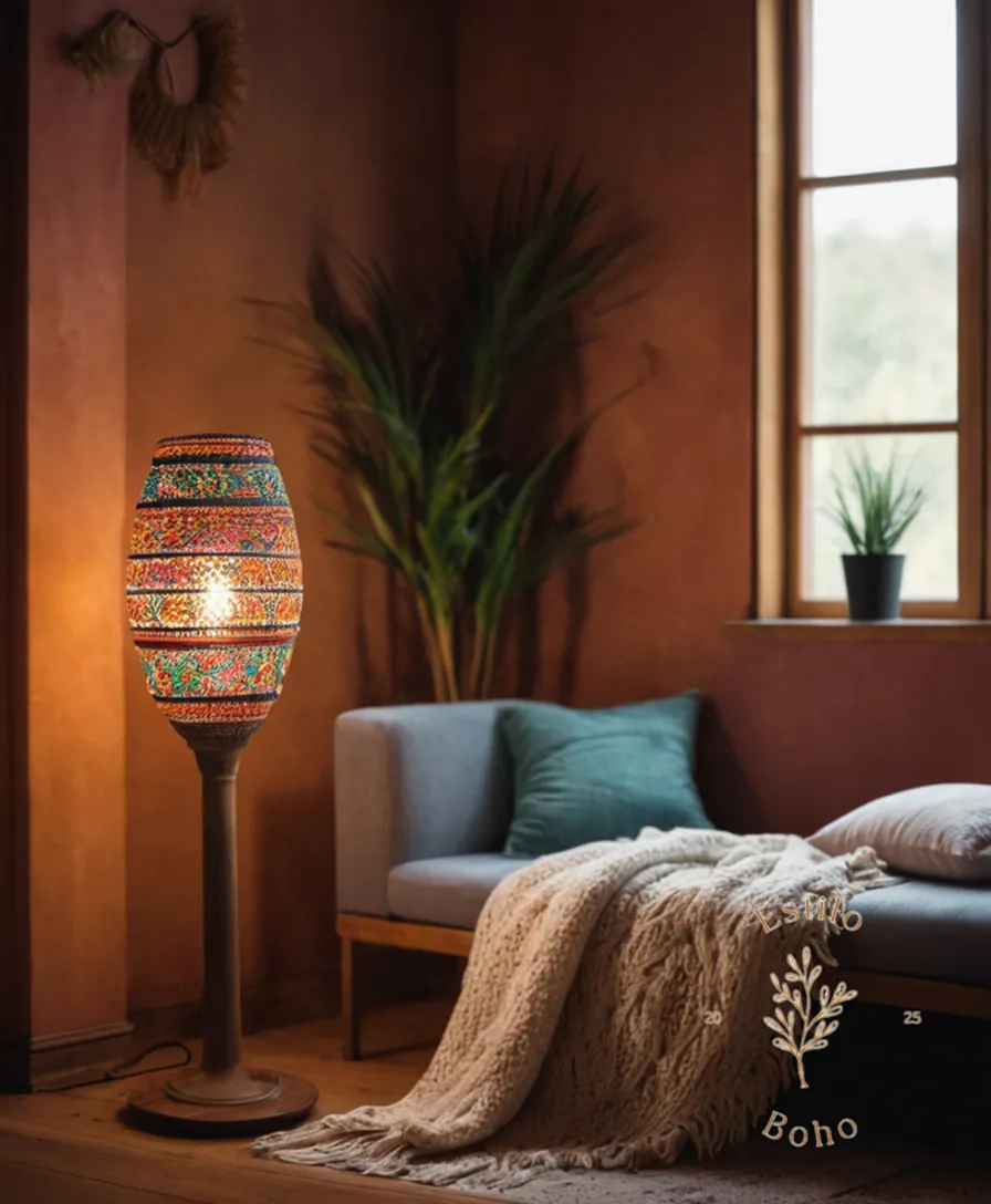 A handmade Bohemian floor lamp against a cozy interior background.