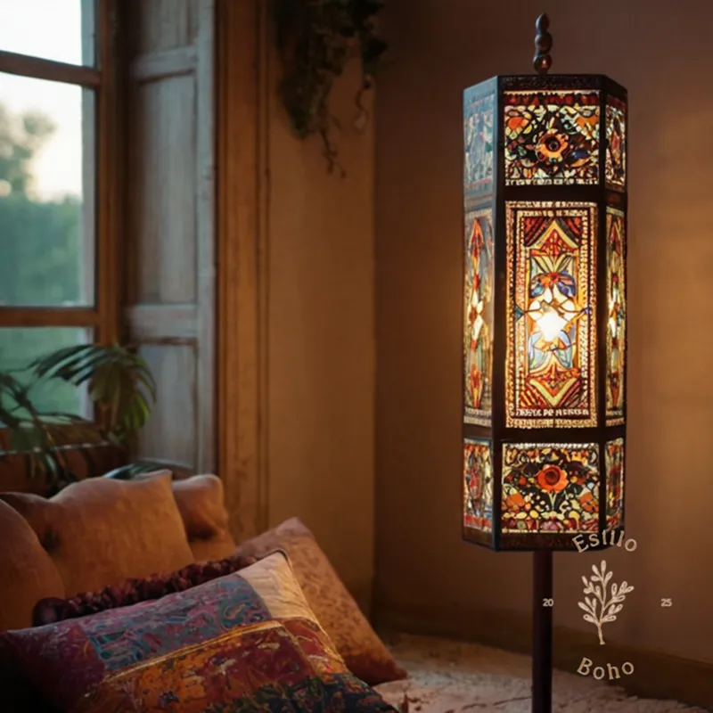 A handmade bohemian floorlamp with its inner workings exposed.