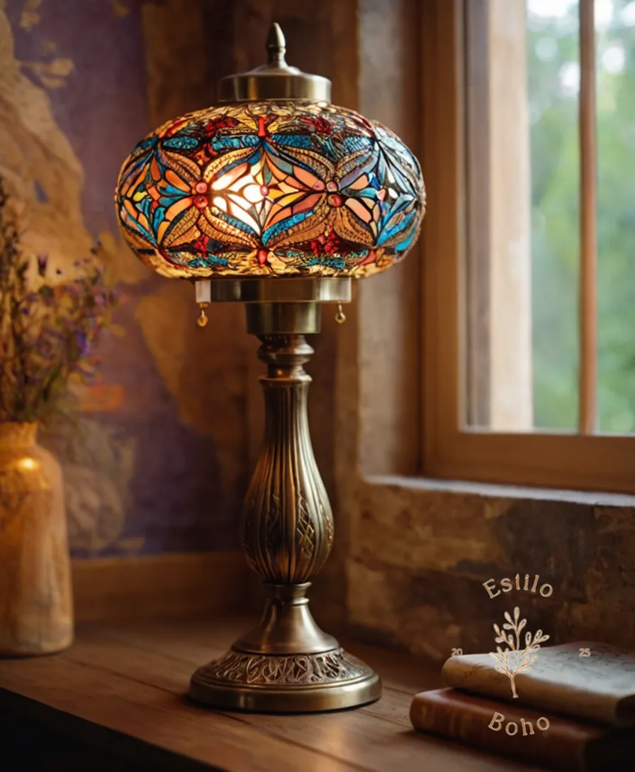 3-4 stylish, unique bohemian lamps on a decorative background.