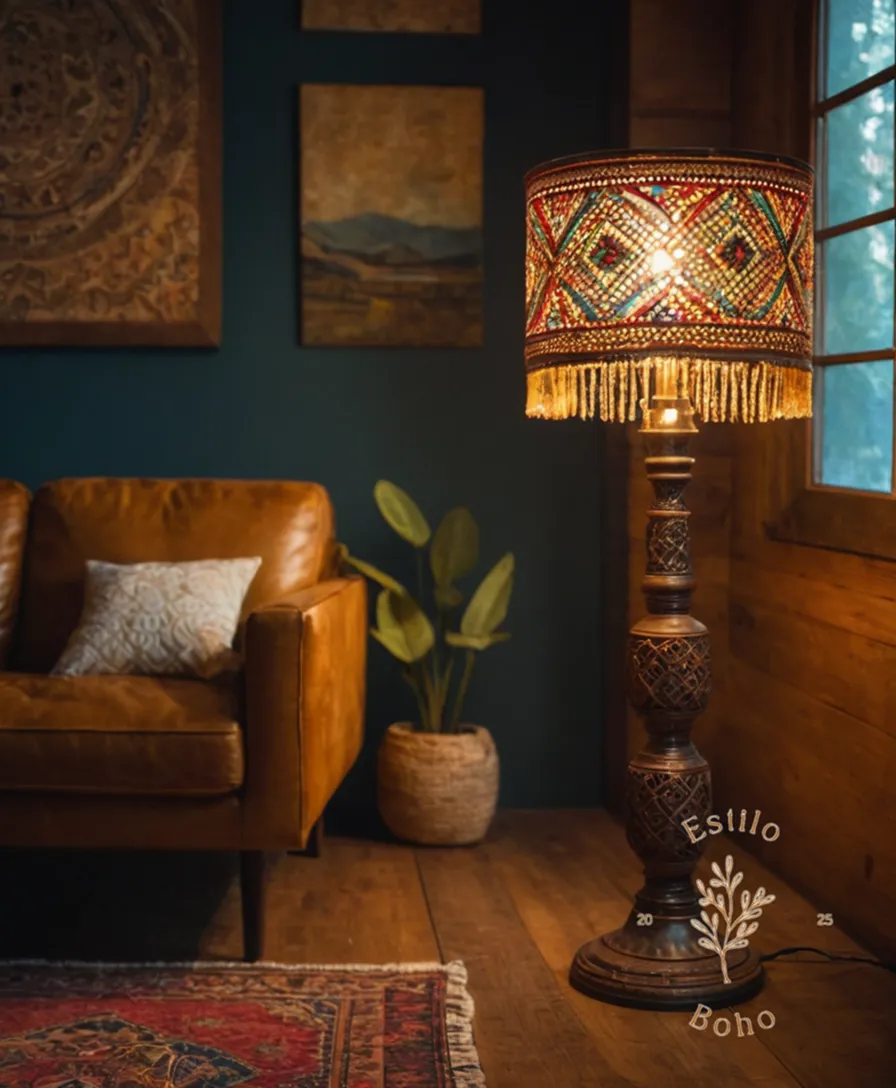 A free-spirited, bohemian-inspired floor lamp in a cozy atmosphere.