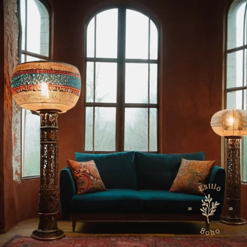 3-4 examples of bohemian-inspired floor lamps in various materials.