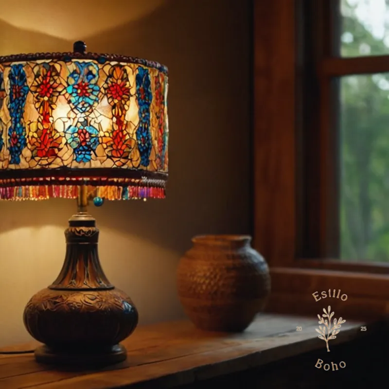 A bohemian table lamp being easily installed or a person adjusting its brightness.