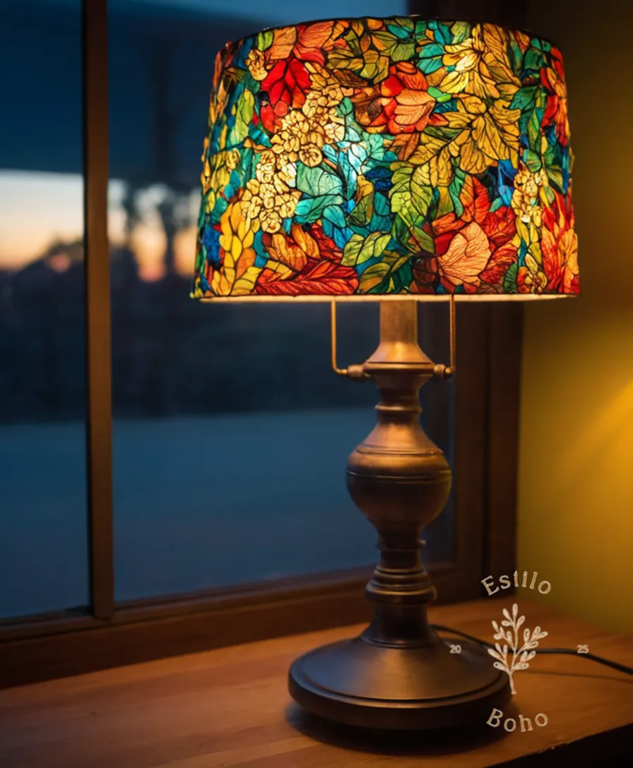 A colorful, eco-friendly lamp made from repurposed materials.