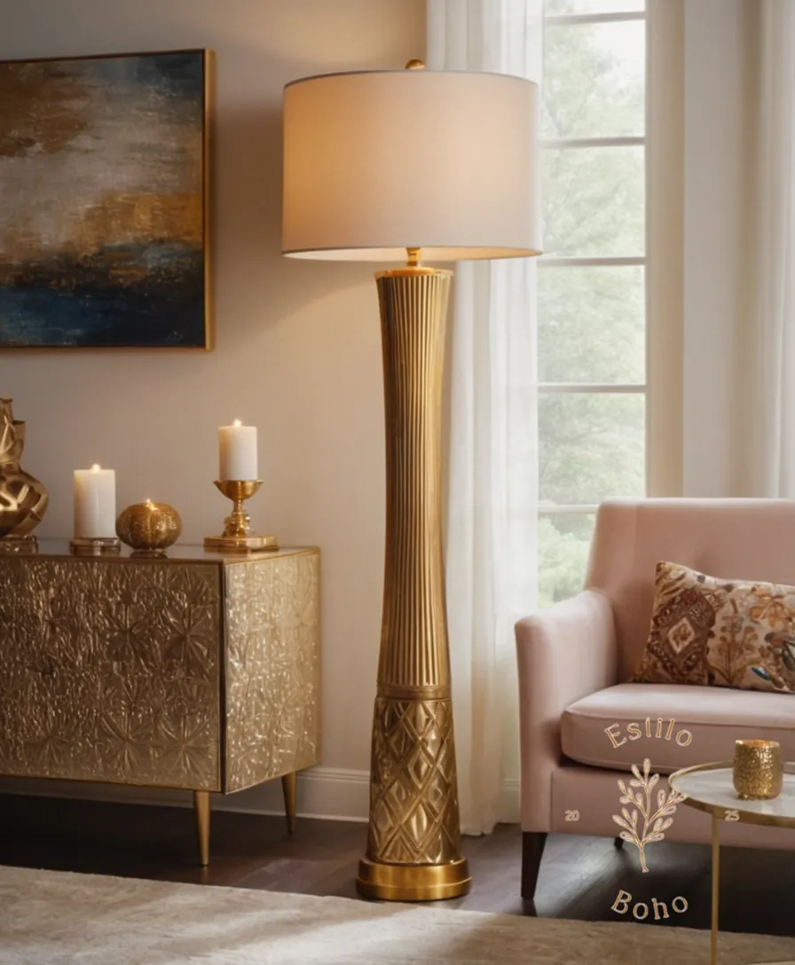 Gold-accented, bohemian floor lamps in a chic living room setting.