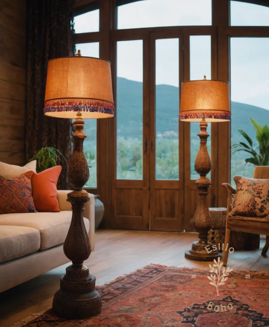 3 bohemian floor lamps in a serene, cozy living room.