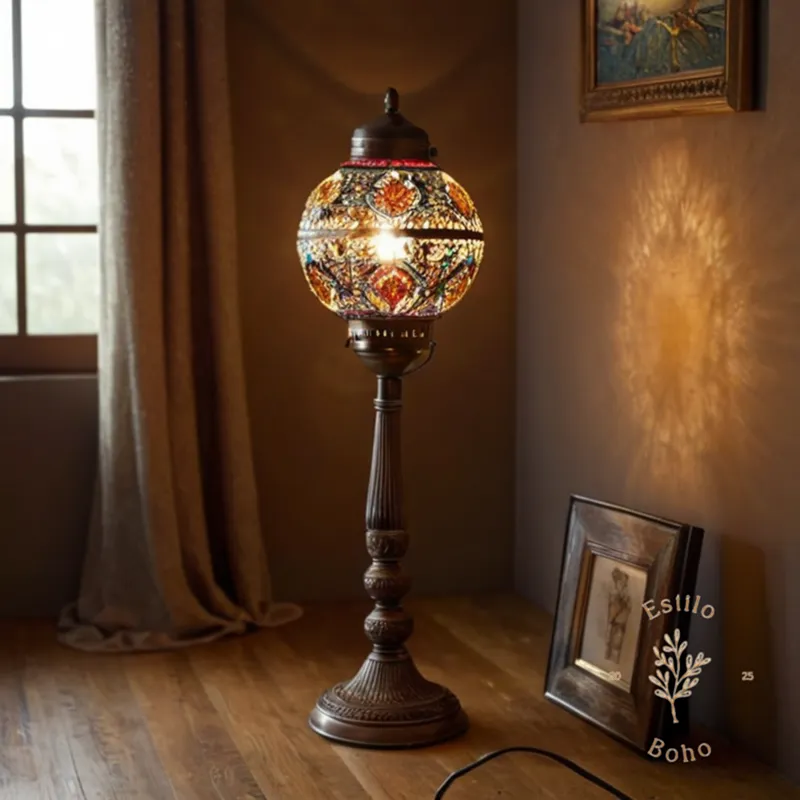 A bohemian-inspired floor lamp with stylish light bulb.