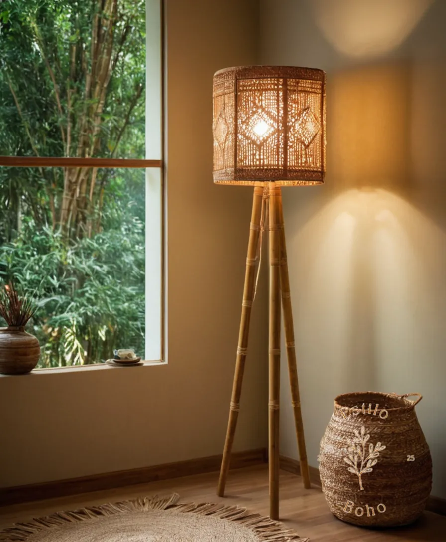 A bohemian floor lamp made from bamboo and natural textile.
