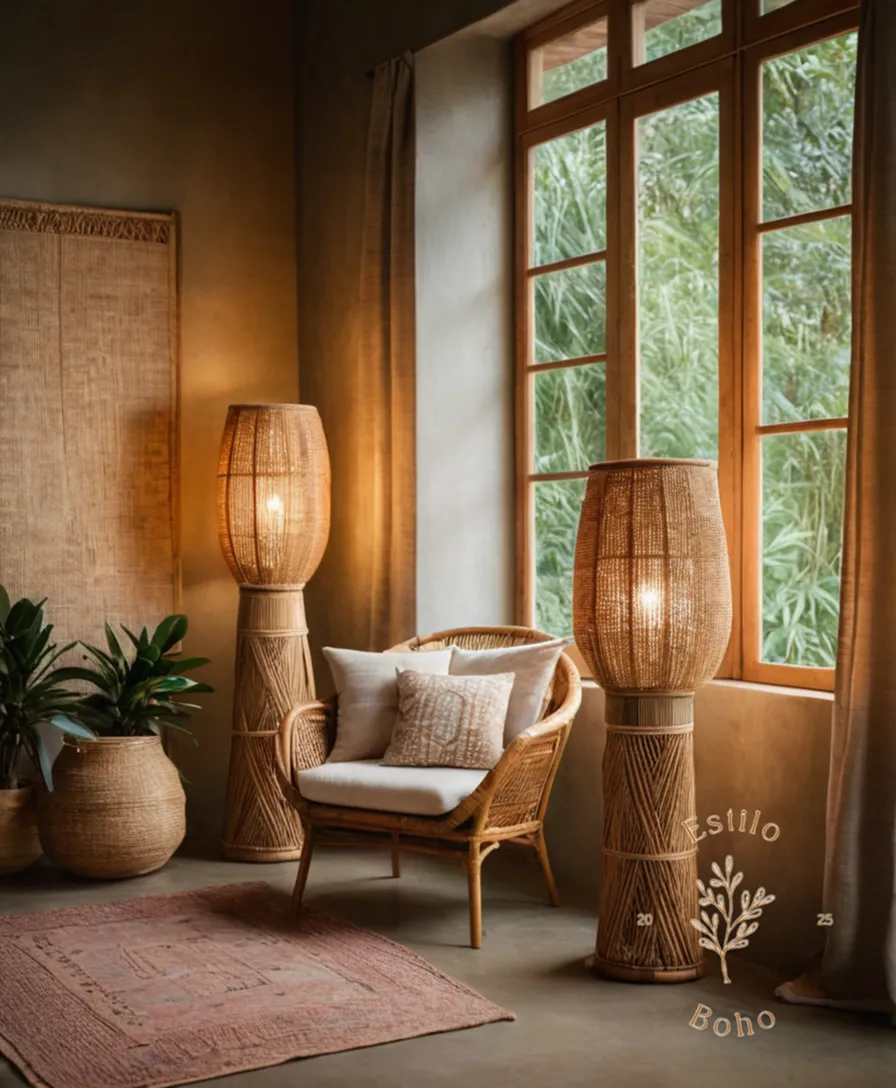 Boho-inspired floor lamps made from bamboo and natural textiles.