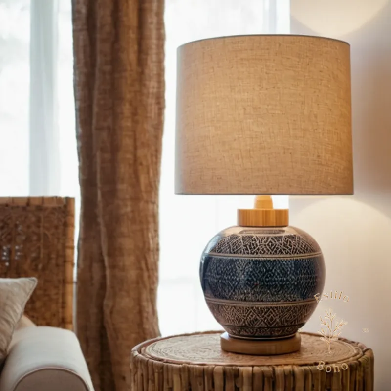 A bohemian lamp with a bamboo base and linen shade.