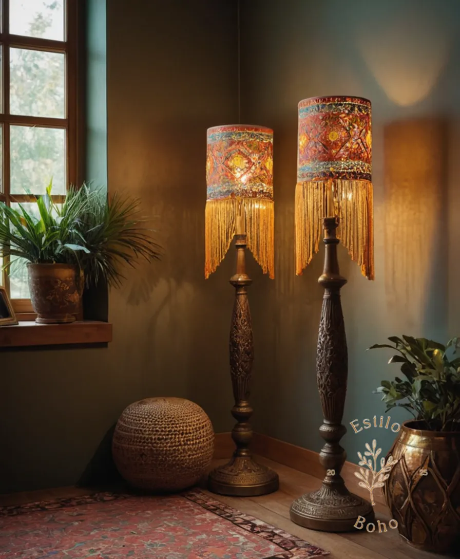 3 bohemian floor lamps with flowers, fringes, and tassels.
