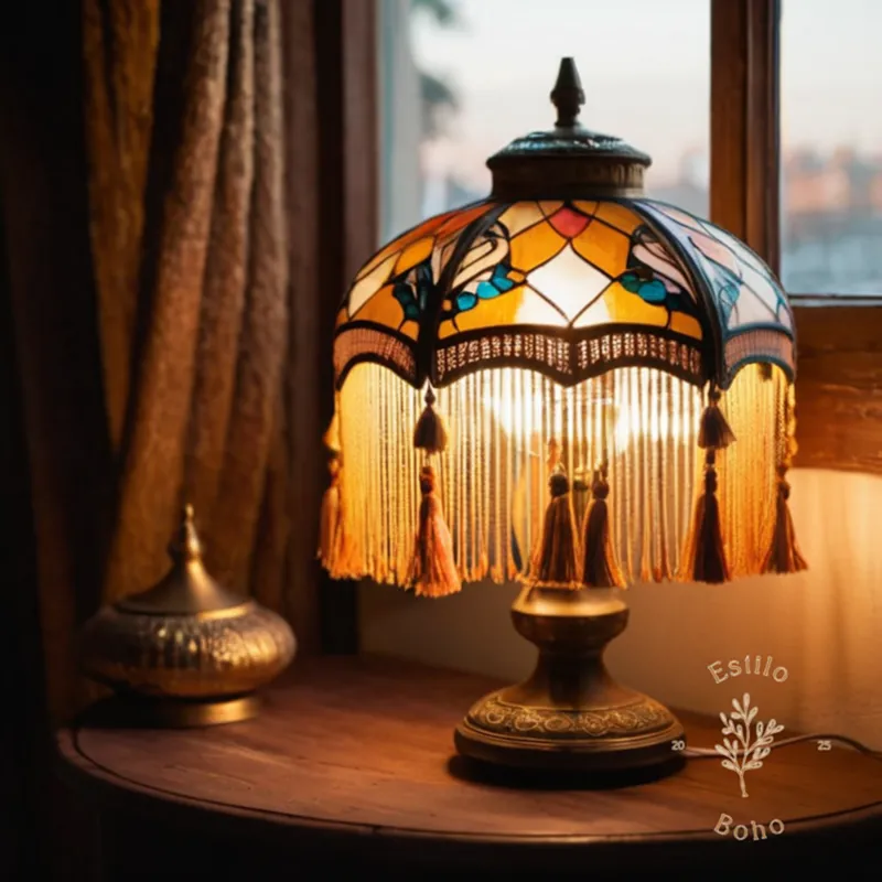 8 bohemian-style table lamps with fringe and tassels.