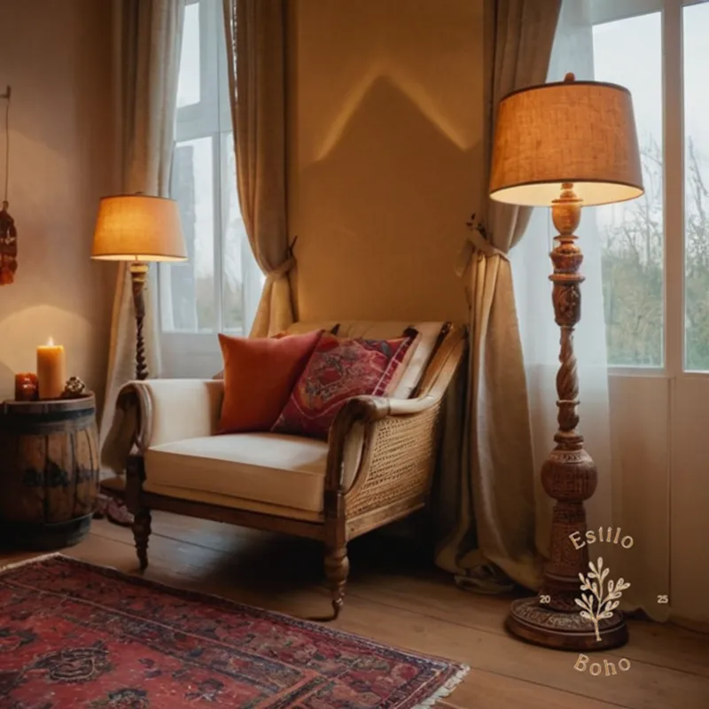 3 Bohemian-style floor lamps in cozy home settings.