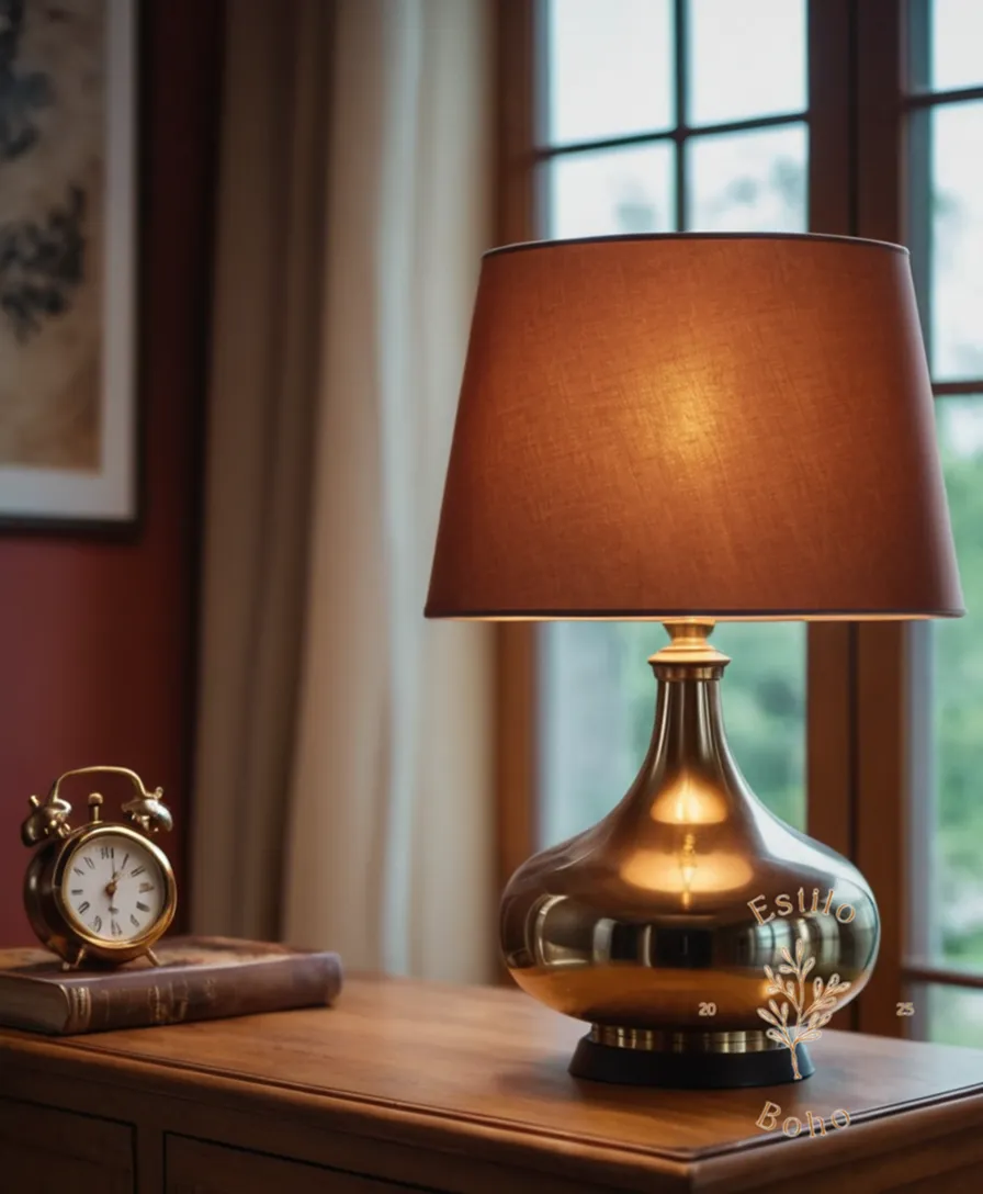 a stylish, vintage-inspired metal lamp on decorative home furniture.