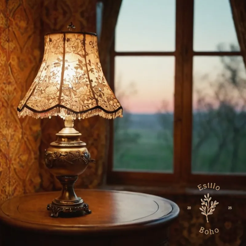 A vintage lamp on a bohemian-inspired decorative background.