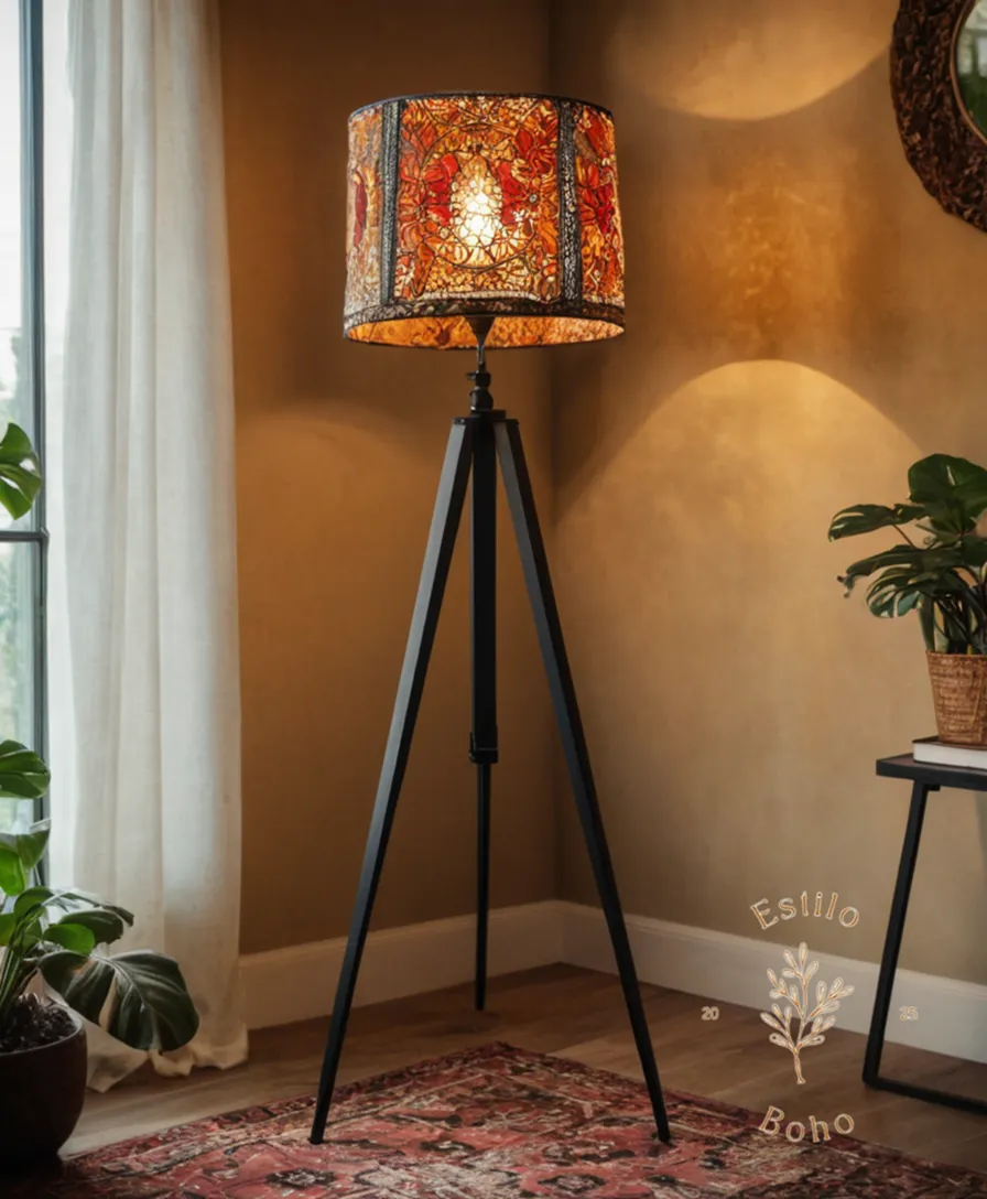 a bohemian floor lamp with a black tripod stand.