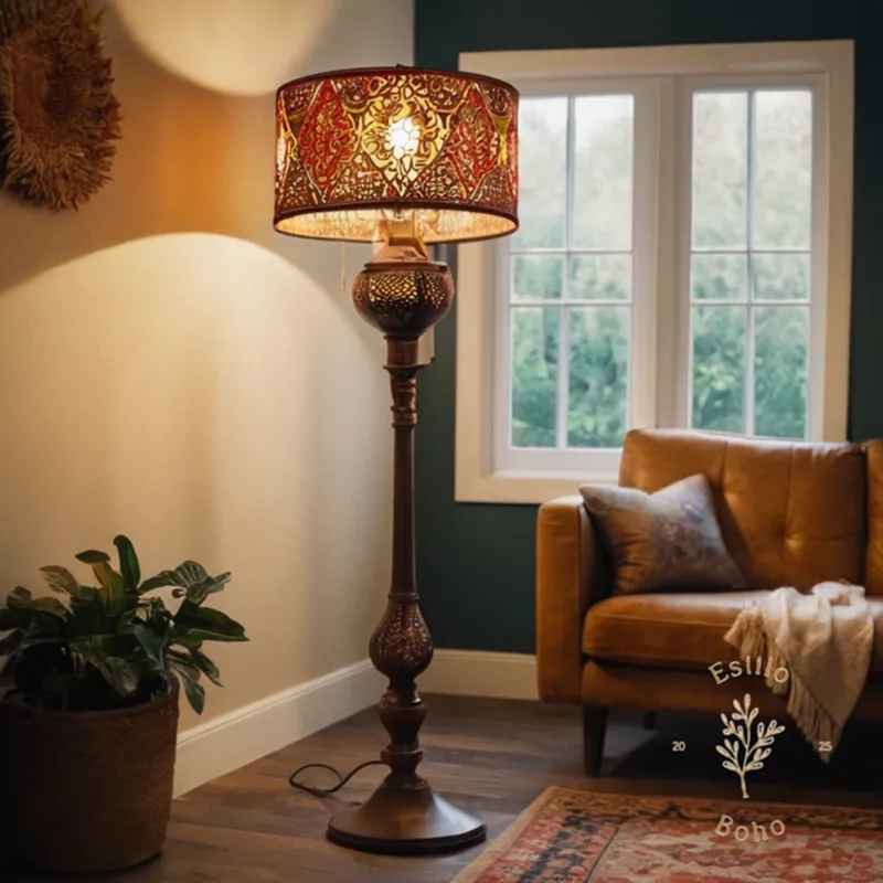 A stylish bohemian floor lamp in a home setting.