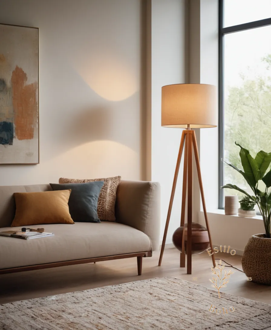 3 stylish boho-geométric floor lamps in a modern setting.