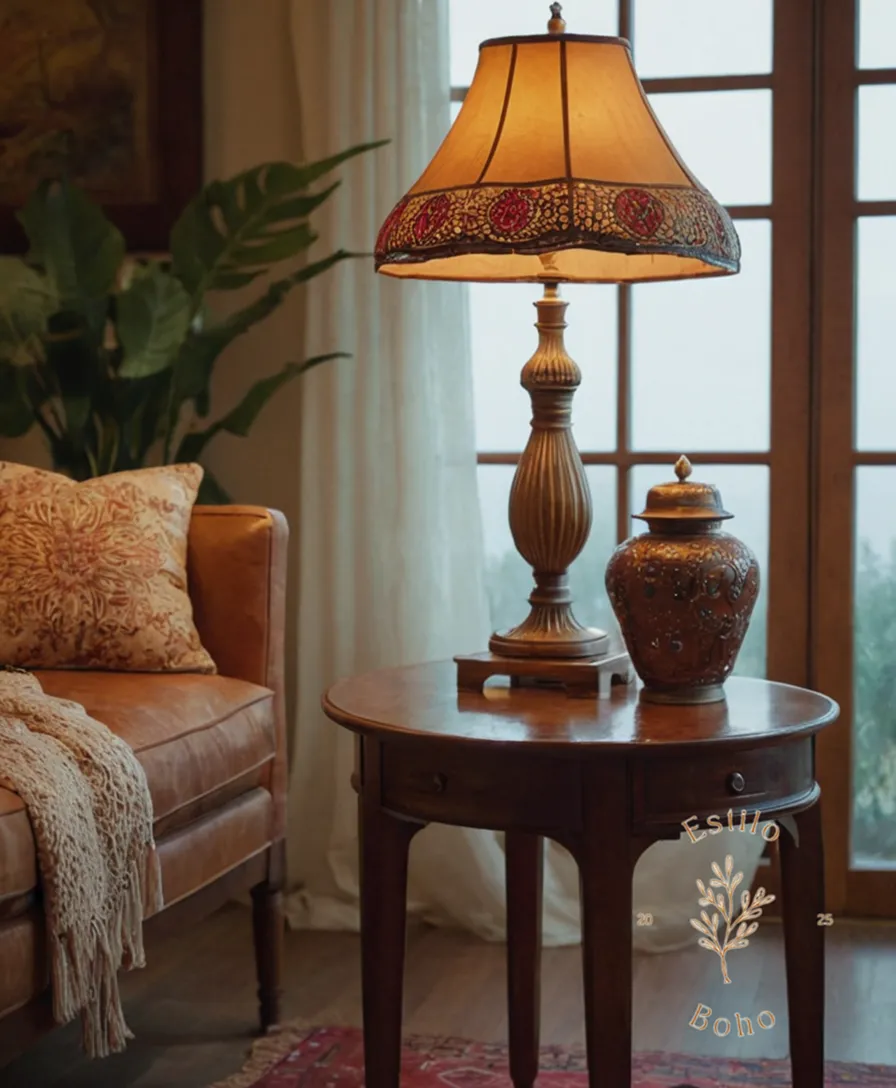 1-2 bohemian-style lamp tables in cozy, inviting living room settings.