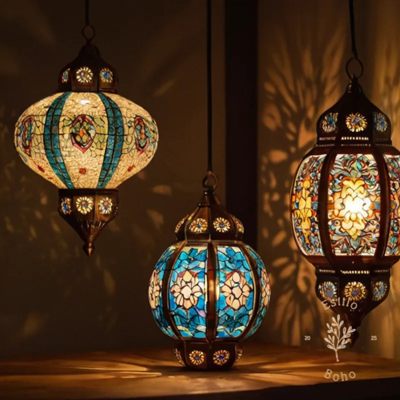 3-4 bohemian-style lamps with different bulb styles.