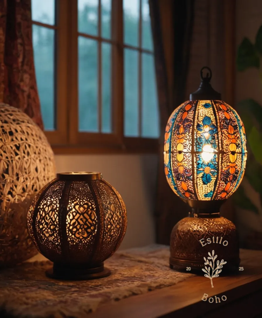 A cozy, dimly lit room with bohemian lamps.